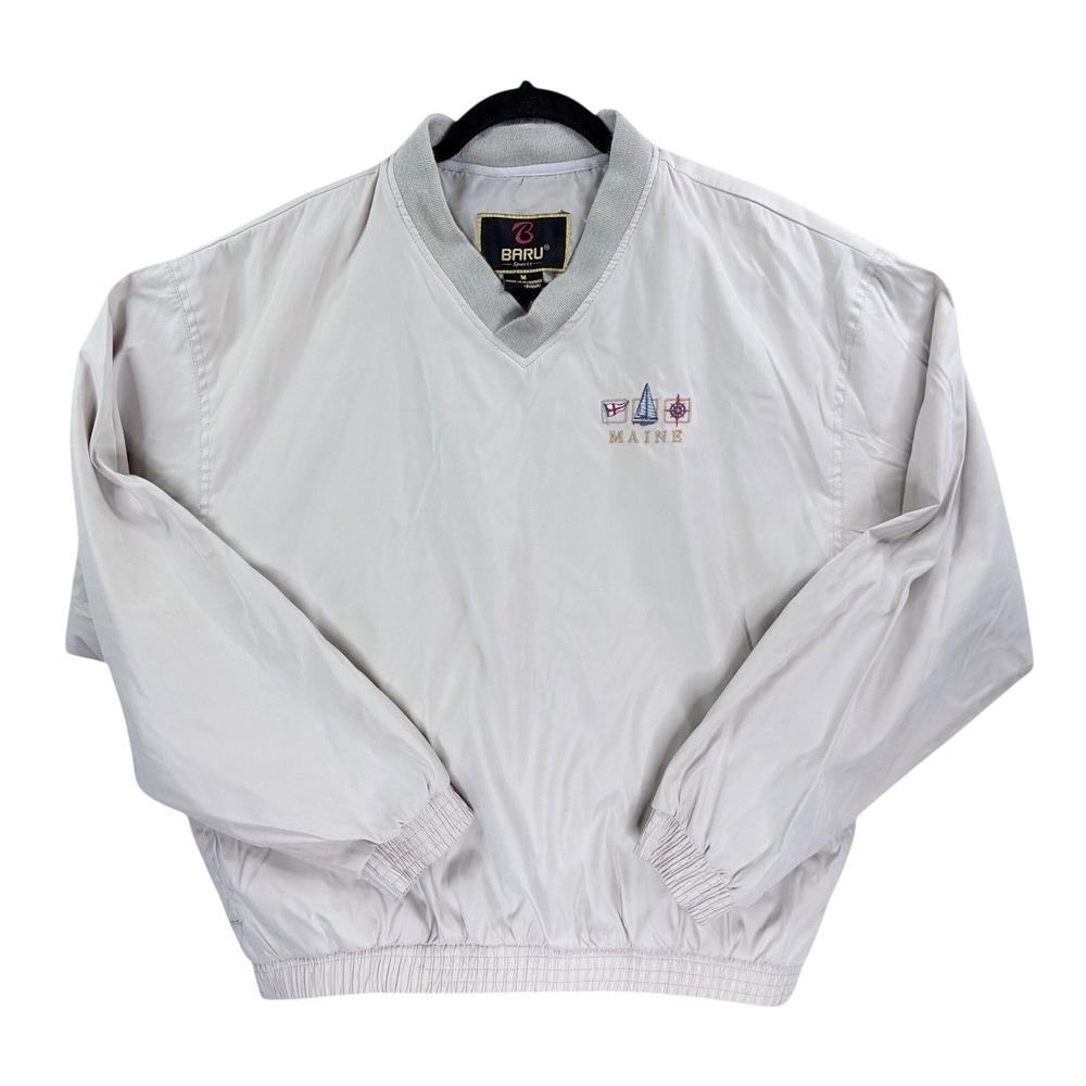 Baru Sports Windbreaker Pullover Mens Medium Tan Maine Nautical Sailboat V-Neck